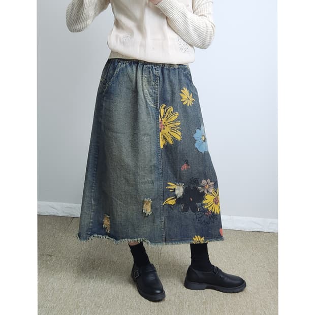 플라워 데님 스커트