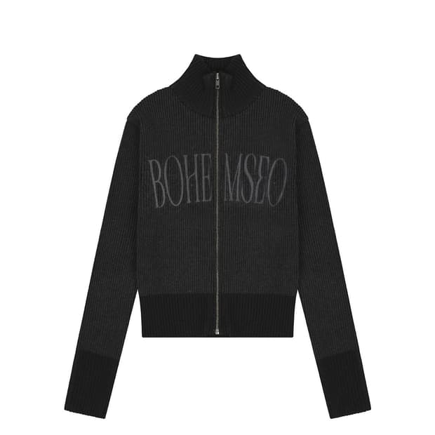 BOHEMSEO MIXED KNIT LOGO ZIP-UP, CHARCOA