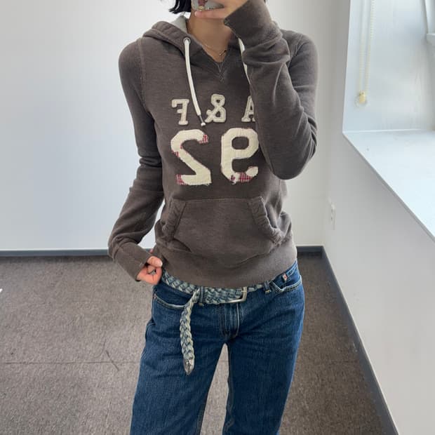 Abercrombie 아베크롬비 체크 포인트 로고 브라운 후드티