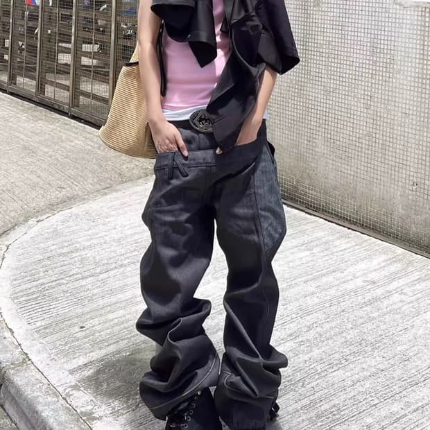 워싱 로우라이즈 벌룬 와이드 데님 팬츠