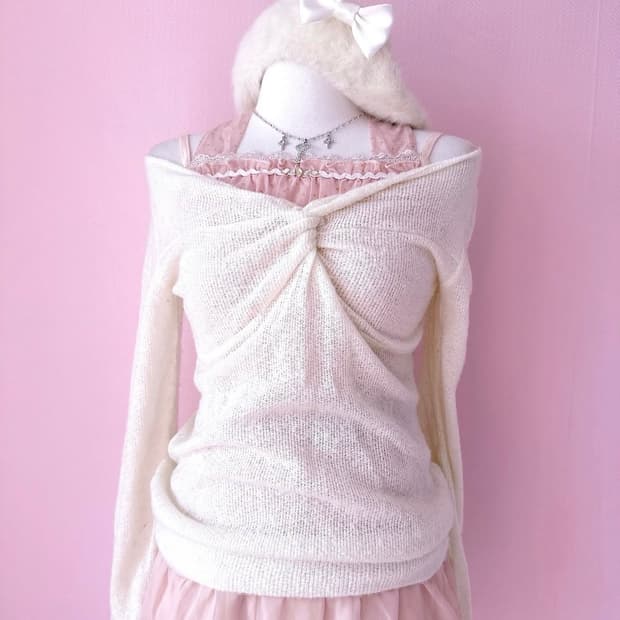 엑시즈팜 핑크 리본 나시 니트 오프숄더 코디 라떼 히메 갸루 러블리