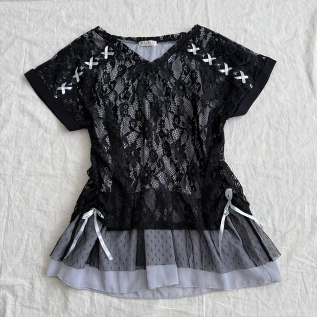 엑시즈팜 러블리 니혼진 레이스 반팔 블라우스 탑