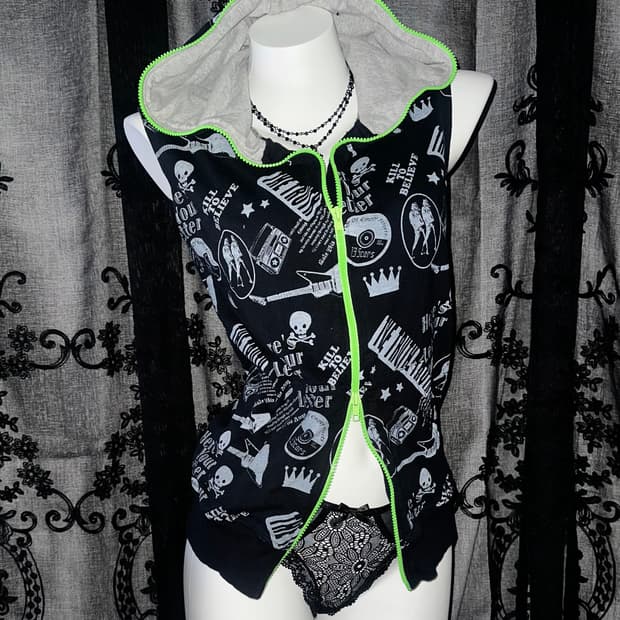 Punk Printed Two-Way Hooded Zip-Up