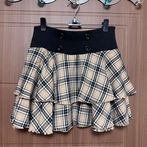 빈티지 라떼 갸루 리즈리사 단추 체크 플리츠 스커트