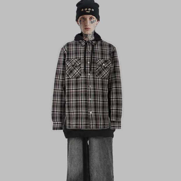 NoonGoons  후디 체크 플란넬 셔츠 패딩 집업자켓