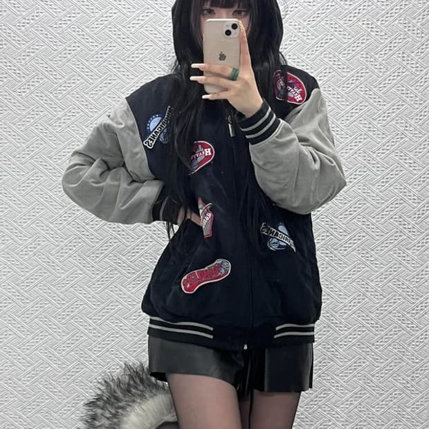 리크웨어 베스킷볼 키치 자수 패치워크 바시티자켓 L C10069