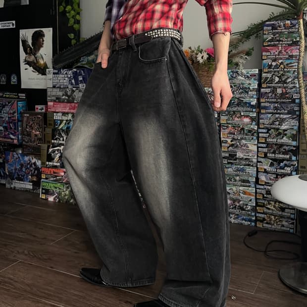 S - Bin 배기 와이드 워시드 진