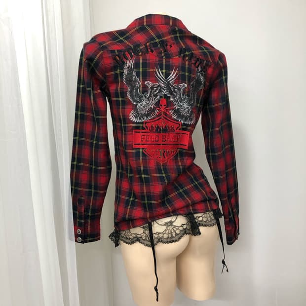 punk graphic red tartan check shirt