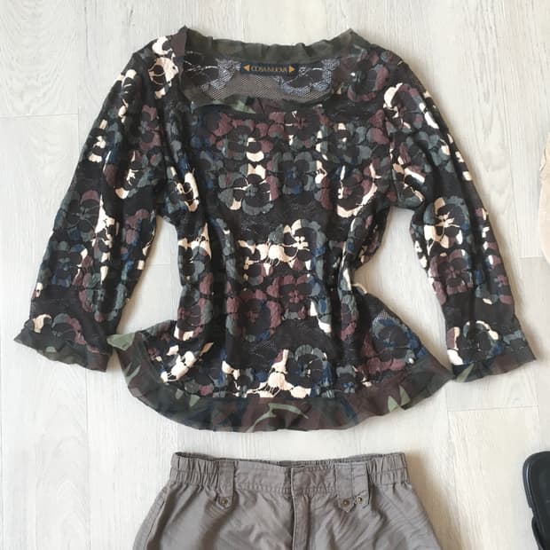 jpn vintage camo flower frill blouse