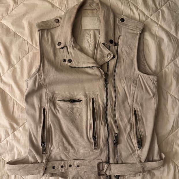 R13 그레이 워싱 레더 멀티 지퍼 베스트