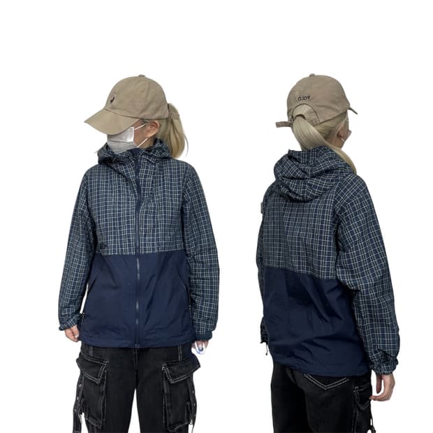 노스페이스 일본판 네이비 체크 후드 바람막이 올드스쿨 오버핏 트랙 자켓 