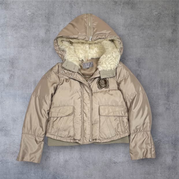 톰보이 Tomboy 골드베이지 후드 퍼 덕다운 숏패딩 85