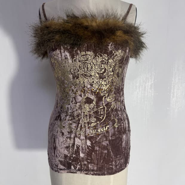 빈티지 스컬 레터링 벨벳 퍼 트리밍 캐미솔 y2k glam 펑크 