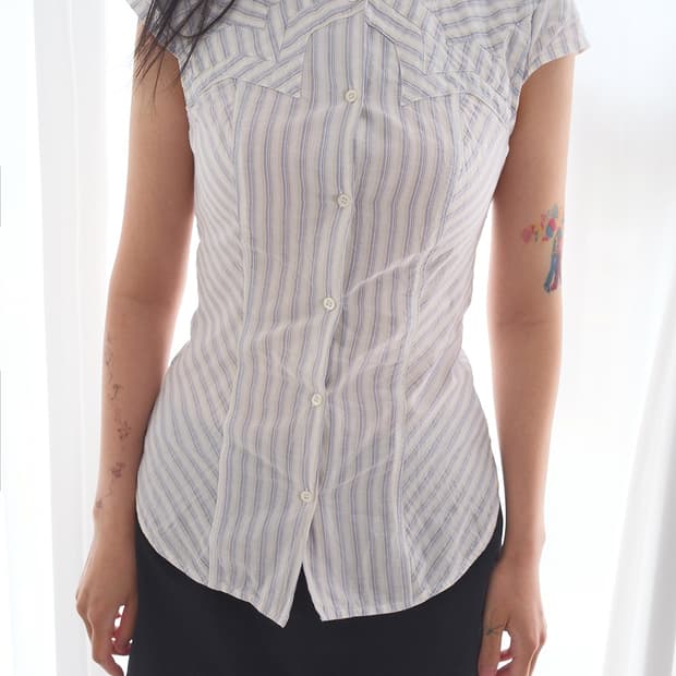 Star Patched Stripe Cap Sleeve Shirt