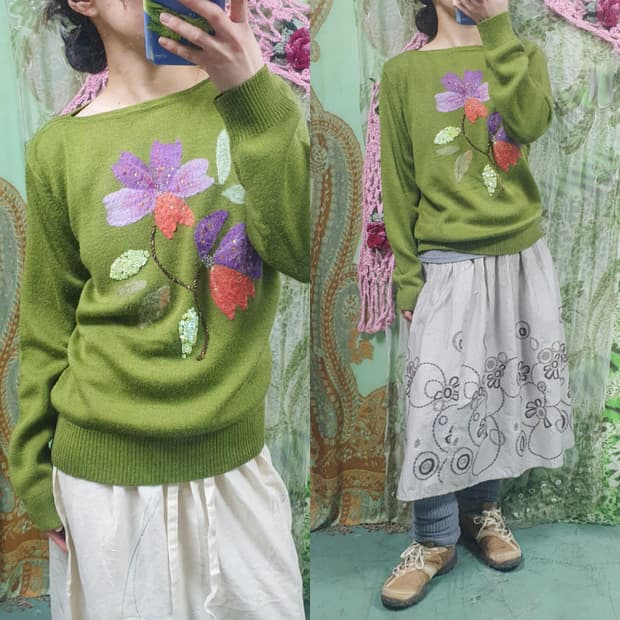 보트넥 플라워 울 녹차 니트 스웨터