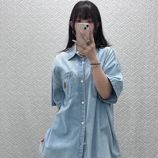 스타터 컨트리 레트로 빈티지 오버핏 워싱 연청 데님셔츠 M C13213