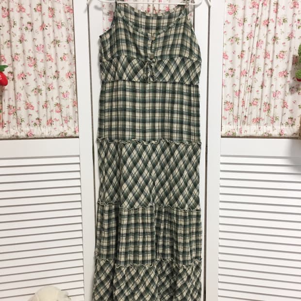 빈티지 그린 체크 롱 원피스 