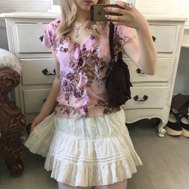 일본빈티지 핑크 로즈 러플 시스루 블라우스