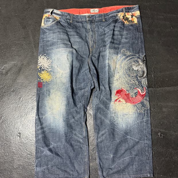 카라쿠리 빅 사이즈 자수 데님