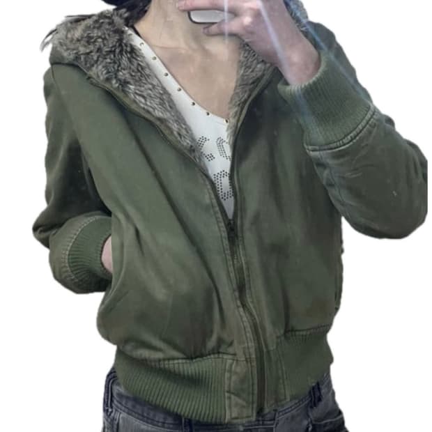 카키 퍼 후드집업