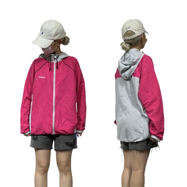 리복 핑크 그레이 올드스쿨 후드 오버핏 바람막이 트랙 자켓 L