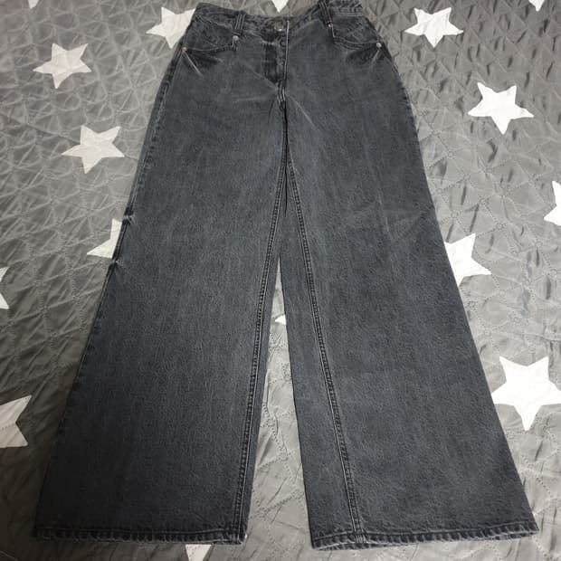 (협업제품) 타임&ROYO 워싱 백레터링 와이드 데님팬츠 흑청 (29)