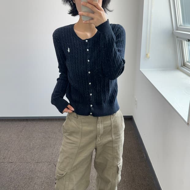 Polo 폴로 화이트 포니 네이비 케이블 니트 가디건