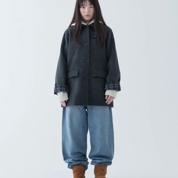 오헤시오 체크 코트 CHECK HALF WOOL COAT 차콜
