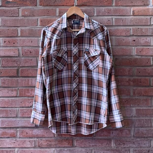 80s USA 랭글러 Wrangler 브라운 체크 웨스턴 셔츠