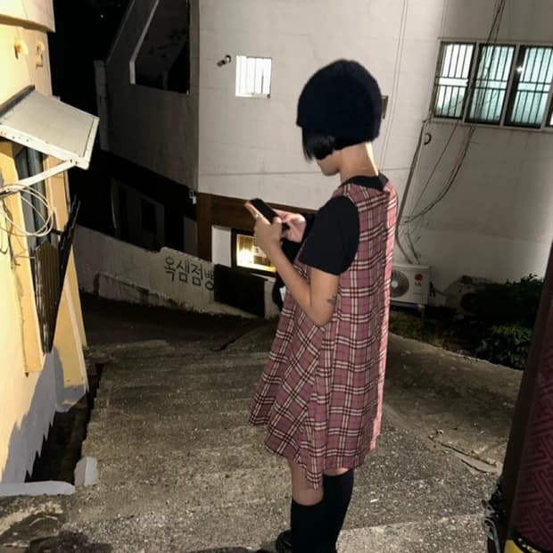 미도리하우스 체크 미디 골덴 원피스