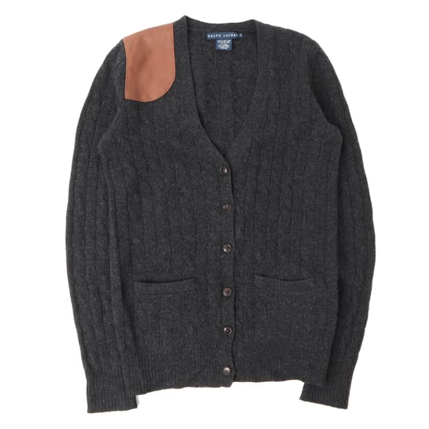 랄프로렌 챠콜 레더패치 울 캐시미어 가디건
