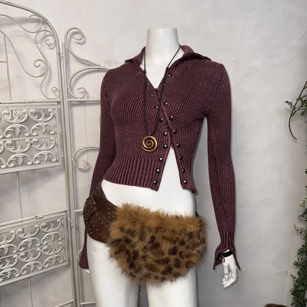 Burgundy asymmetric studs knit zipup