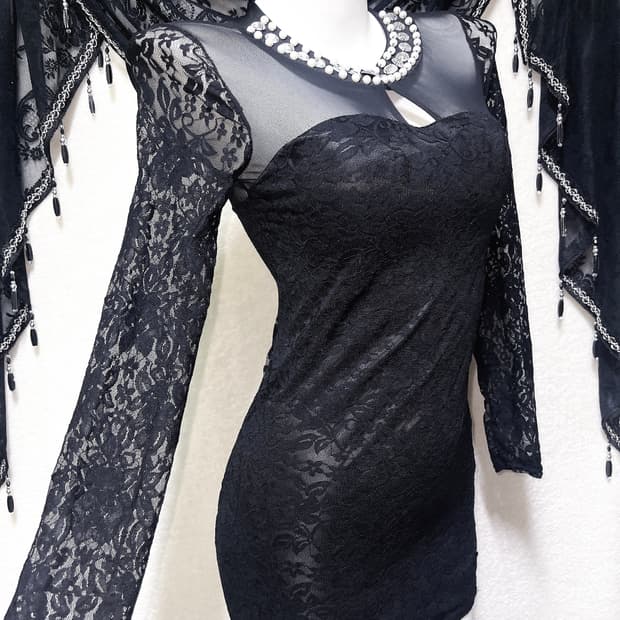오네갸루 히메 진주 큐빅 블랙 레이스 시스루 망사 원피스 드레스 섹시