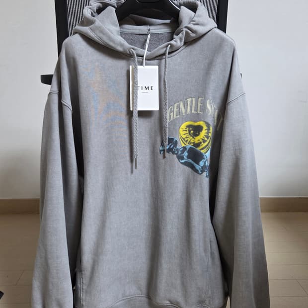 [정품] 타임옴므 23FW 가먼트다잉 오버핏 프린티드 그레이 남성 후드티