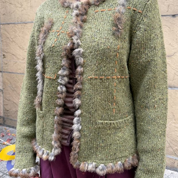 일본 빈티지 모리걸 스티치 퍼 니트 가디건