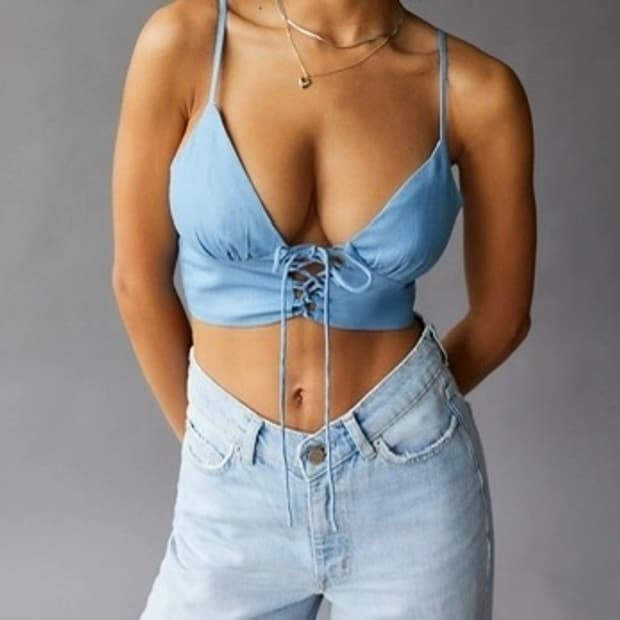 얼반아웃피터스 데님 뷔스티에 캐미 크롭탑 브라탑 레이스업 코르셋 