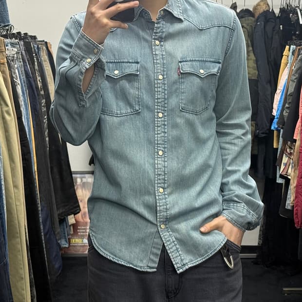 리바이스 워싱 데님 연청 웨스턴 셔츠 남방 M 95 워크 긴팔 투포켓 