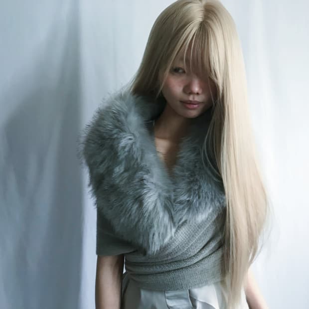 Sliver knit fur wide multi shawl
