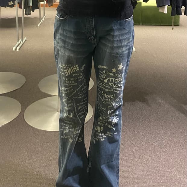 OS)일본 빈티지 여성 프린팅 부츠컷 데님팬츠