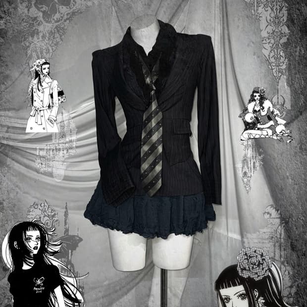 엑시즈팜 유카리깔 프릴 스트라이프 블레이저 프레피 코디세트