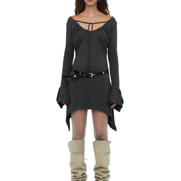 세릭 shirring sheer mini dress 차콜