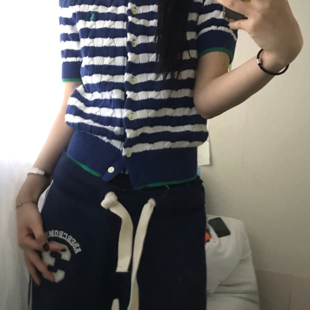 폴로 스트라이프 반팔 케이블 가디건