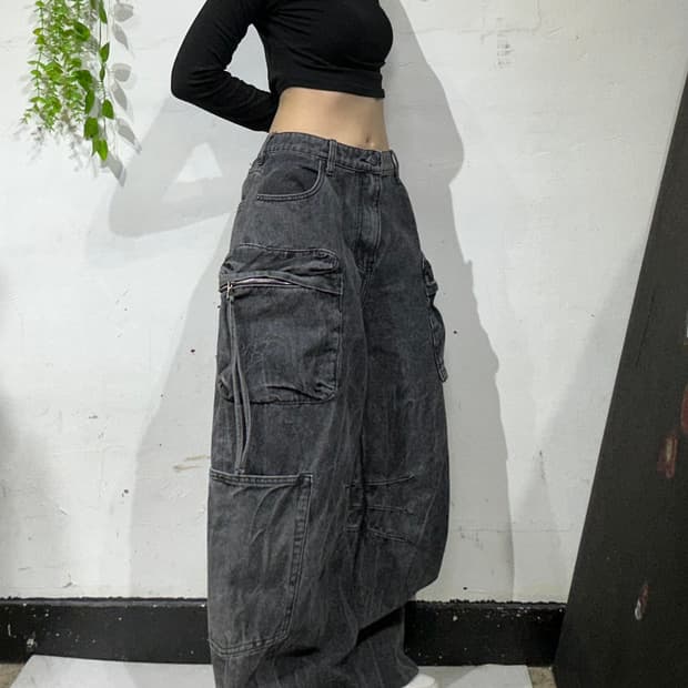 Ripen 빈티지 흑청 워싱 멀티 포켓 유틸리티 와이드 카고 데님 팬츠 