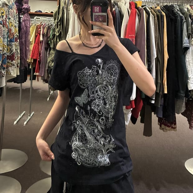 L) Stile Benetton 빈티지 여성 나비 꽃 프린팅 반팔