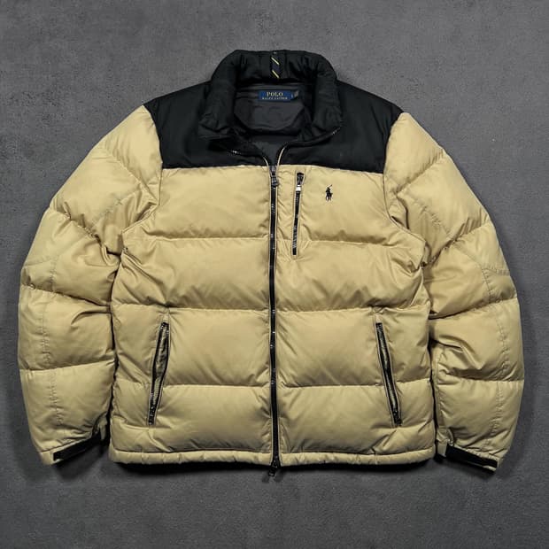 폴로 투웨이 베이지 고햄 덕다운 패딩 자켓