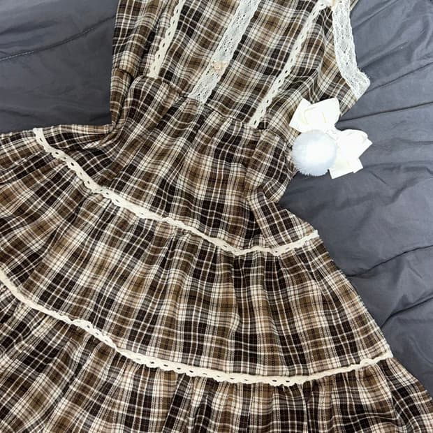 리즈리사깔 라떼갸루 체크 레이스 원피스