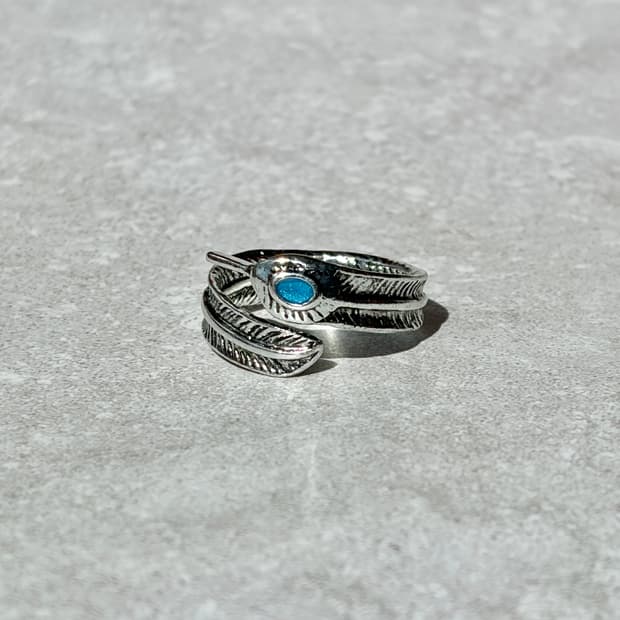 Oribell 에메랄드 스톤 깃털 엔틱 실버 오픈링 반지