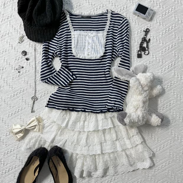 레이어드 버튼 넥 탑 레이스 프릴 큐롯 팬츠 2pcs SET