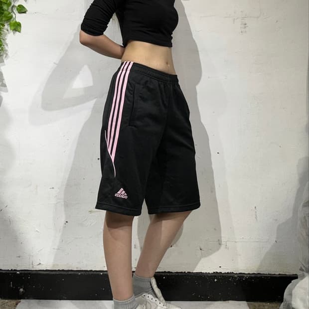 아디다스 블랙 핑크 삼선 와이드 버뮤다 팬츠 반바지 M
