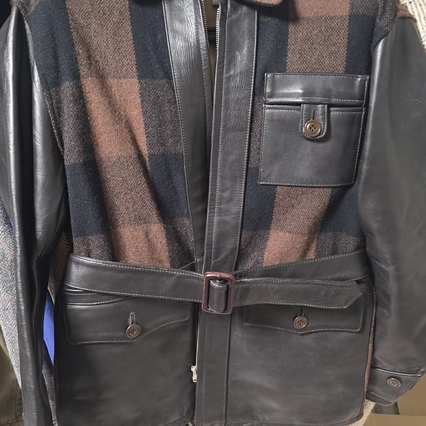 쿠쉬맨 울 체크 가죽자켓 브라운